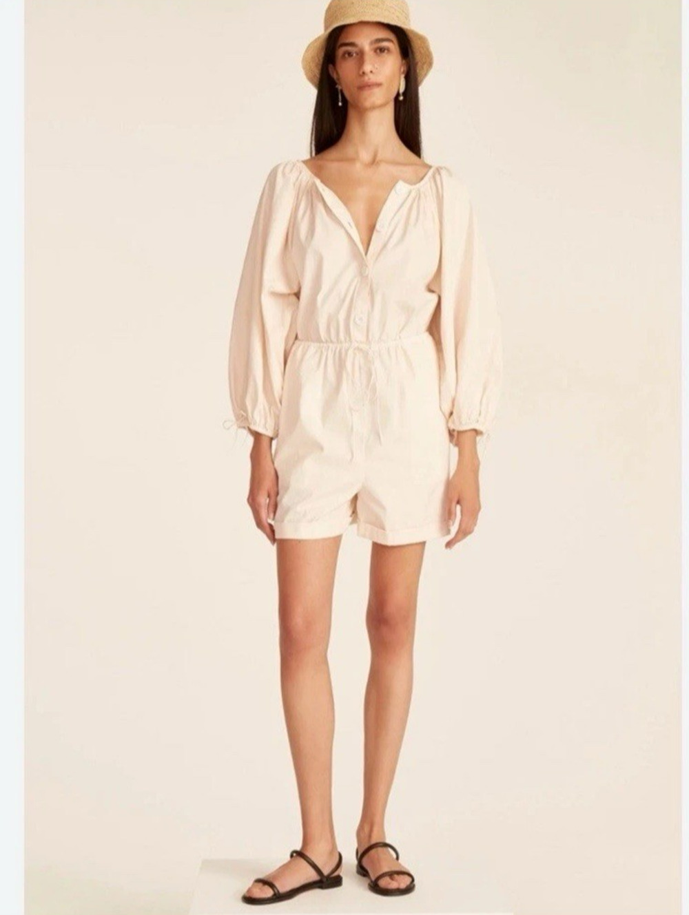 J Crew XXL Cotton Poplin Tie-Sleeve Button Front Romper Palest Peach Neutral